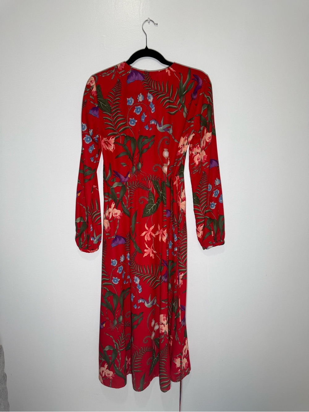 H&M Tropical Red Floral Midi True Wrap Dress Long Sleeves Women’s Size 6 - Picture 4 of 16